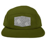 An olive 5-panel camper hat with a flat visor, featuring a geometric pattern on the visor and a matching undervisor.